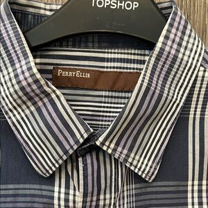 Perry Ellis Navy, Gray and Light Purple Plaid Button-Down Shirt